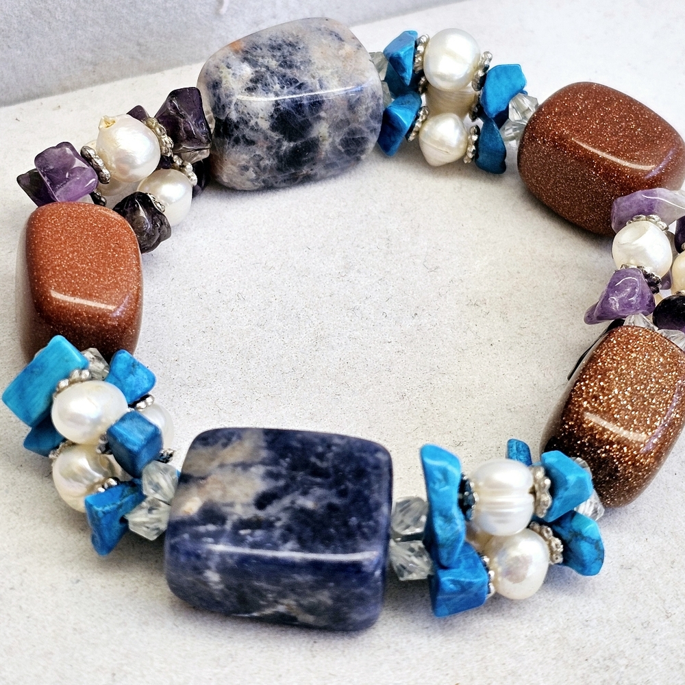 Sodalite,Copper Goldstone, Pearls, Amethyst, Turquoise Stretchy Bracelet